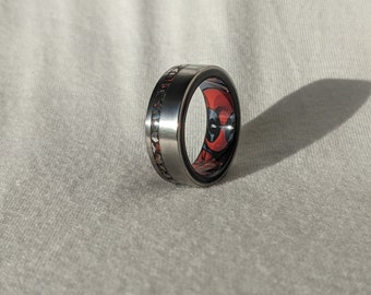 Brushed Titanium & Ebony wood Ring with Meteorite, Obsidian and Red Opal inlay and Deadpool Comic Book Secret Identity Liner - Bentwood