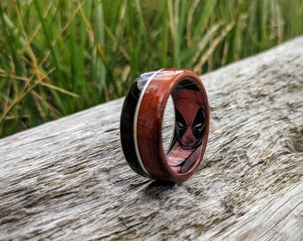 Padauk & Ebony Wood Ring with Sterling Silver with Deadpool Comic Book Secret Identity Liner - Bentwood