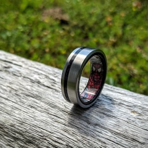 Brushed Titanium & Ebony wood Ring with Black Obsidian inlay and Spider-Man Comic Book Secret Identity Liner - Bentwood