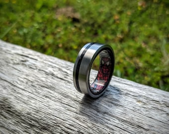 Brushed Titanium & Ebony wood Ring with Black Obsidian inlay and Spider-Man Comic Book Secret Identity Liner - Bentwood