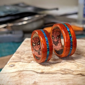 Padauk & Blue Opal Inlay Wooden Ring with Spider Man Comic Book Secret Identity Liner - Bentwood
