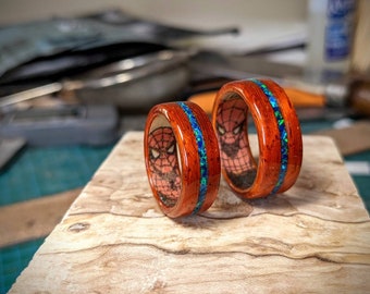 Padauk & Blue Opal Inlay Wooden Ring with Spider Man Comic Book Secret Identity Liner - Bentwood
