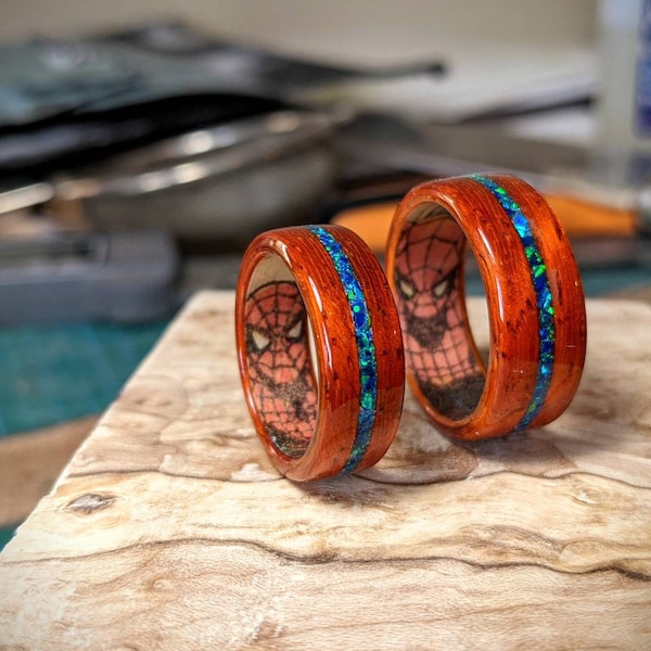 Padauk & Blue Opal Inlay Wooden Ring with Spider Man Comic Book Secret Identity Liner - Bentwood