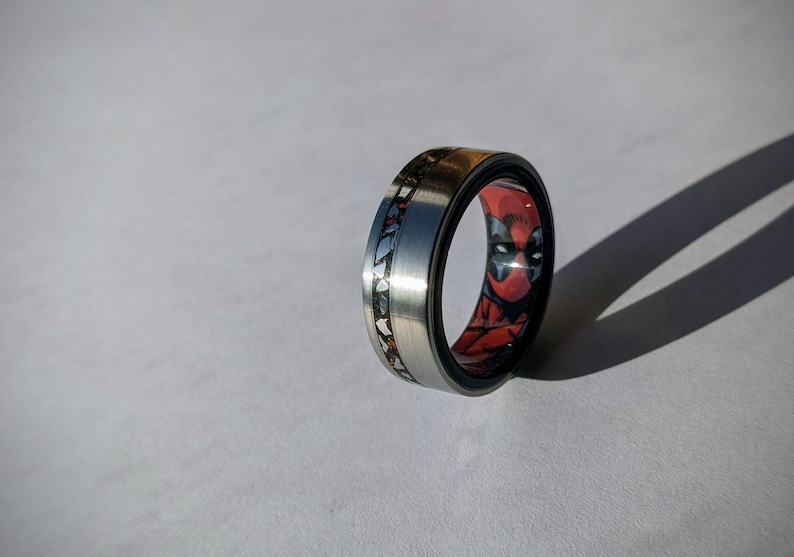 Brushed Titanium & Ebony wood Ring with Meteorite, Obsidian and Red Opal inlay and Deadpool Comic Book Secret Identity Liner Bentwood image 2