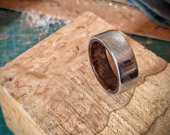 Damascus with Walnut Burl Core Wooden Ring - Bentwood