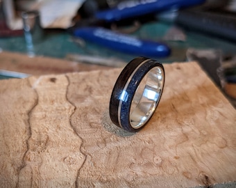 Macassar Ebony Wooden Ring with Lapis Lazuli and Silver Inlay on Sterling Silver Core - Bentwood