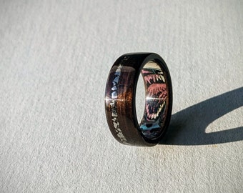 Macassar Ebony & Meteorite Inlay Wooden Ring with Venom Comic Book Secret Identity Liner - Bentwood - Ready To Ship