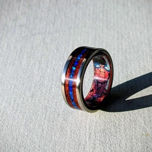 Brushed Titanium & Padauk wood Ring with Blue Opal inlay and Spider-Man Comic Book Secret Identity Liner