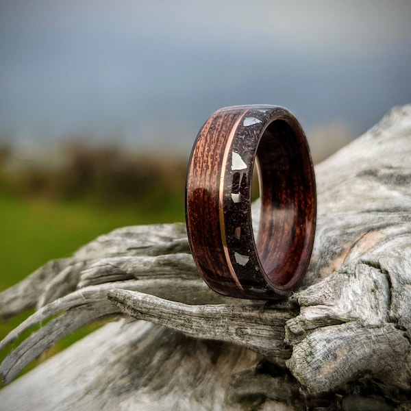 Hawaiian Koa wooden ring with Dinosaur Bone, Meteorite and Copper inlays - Bentwood