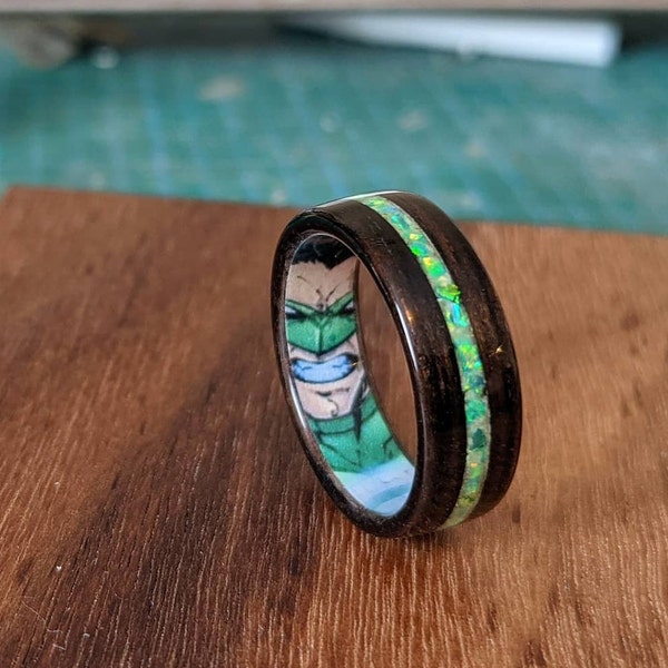 Macassar Ebony with Green Opal & Glow Powder Inlay Wooden Ring with Green Lantern Comic Book Secret Identity Liner - Bentwood