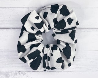 White Black Cow Print Scrunchie | 100% Cotton Scrunchie | Hair Ties | Hair Accessories for Her | Retro 90s | Ponytail