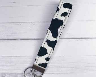 White Black Cow Print Keychain | Key Holder | Faux Leather Key Fob | Wristlet Keychain | Cow Wristlet | Western Cowgirl