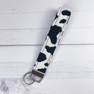 White Black Cow Print Keychain | Key Holder | Faux Leather Key Fob | Wristlet Keychain | Cow Wristlet | Western Cowgirl