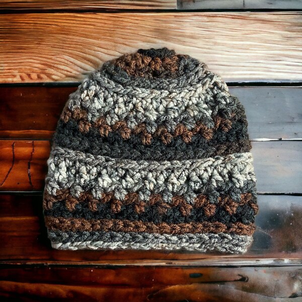 Gray Black and Brown Beanie | Winter Hat | Chunky Handmade Crochet Hat | Christmas Gift for Her | Warm Winter Accessory | Ready to Ship