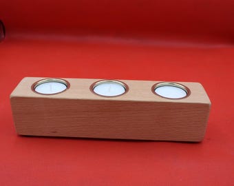 Stunning wooden tealight holder handmade Beech hardwood with three gold / brass coloured inserts