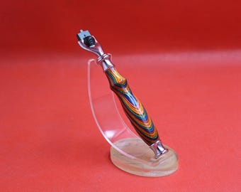 Handmade orange green red blue striped plywood RH40 Mach 3 Razor Handle chrome finish metal parts