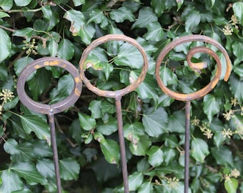 handmade Rusty Steel Plant supports set of 3 different rings on 8mm bar stems mothers day fathers day christmas