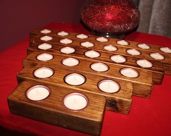 wooden tealight candle holder handmade reclaimed pine with copper / rose gold coloured  metal inserts house warming new home table centre