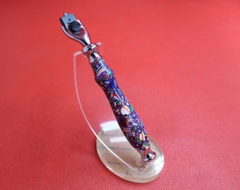 Handmade multi coloured chips set in purple resin RH10 Mach 3 Razor Handle Chrome finish metal parts