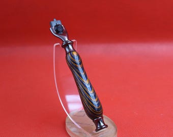 Handmade orange and blue plywood RH08 Mach 3 Razor Handle gunmetal finish metal parts