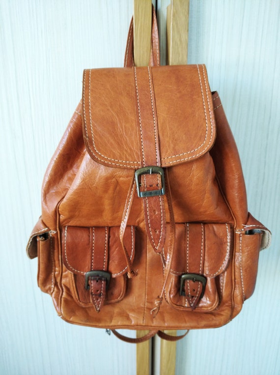 Vintage leather backpack ,Brown leather backpack,H