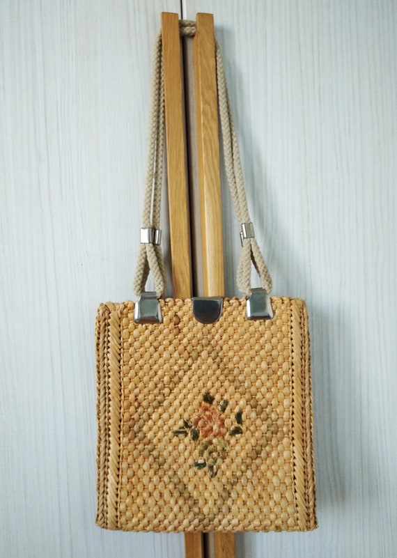 Vintage Rust Orange Straw Bohemian Bag Philipino Straw Market Bag Crossbody Shoulder Bucket Bag