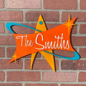 Mid Century Modern "Launch" Family Name Sign | Retro Address Sign | Atomic House Numbers | Mid Century Decor | Atomic Avocado Designs®