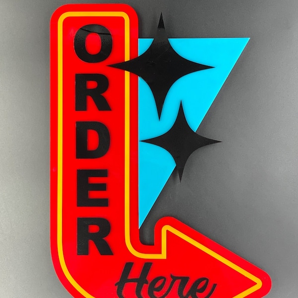 Cartello "Ordina qui" moderno 3D della metà del secolo / Retro Restaurant l Diner / Bar Grill / Cafe / Kitchen Sign / Wall Art / Atomic Avocado Designs®