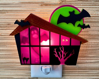 Mid Century Modern "Haunted House" Night Light | Halloween Decor | Black Cat | Ghost | Bats | Mid Century House | Atomic Avocado Designs®