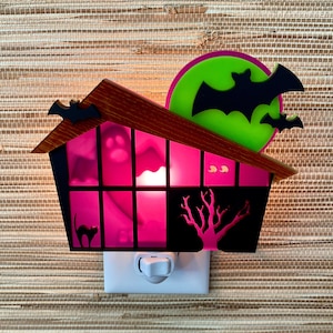 Mid Century Modern &quot;Haunted House&quot; Night Light | Retro Halloween Decor | Spooky Cats Ghosts Bats | Boo | MCM Light | Atomic Avocado Designs®