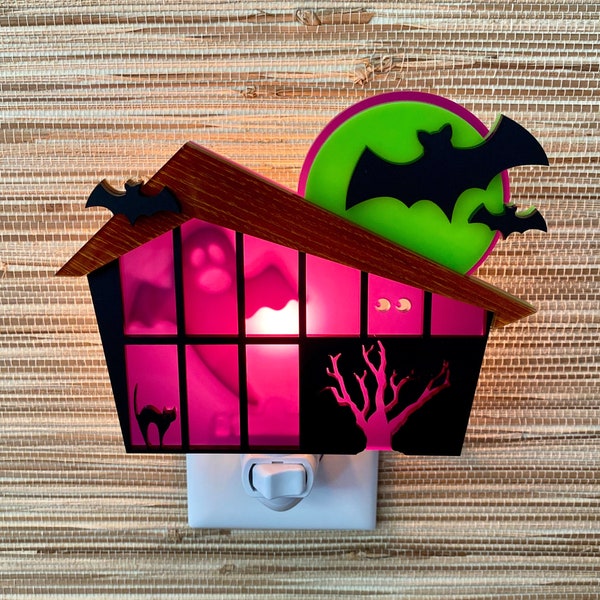 Mid Century Modern "Haunted House" Night Light | Halloween Decor | Black Cat | Ghost | Bats | Mid Century House | Atomic Avocado Designs®