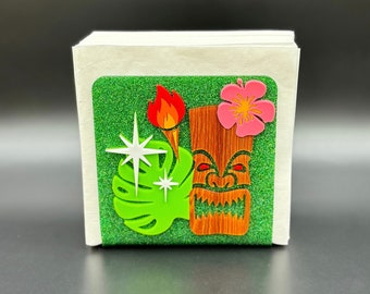 Handcrafted &quot;Atomic Tiki&quot; Napkin Holder | Hibiscus Flower | Monstera Leaf | Mid Century Modern | Envelope Holder | Atomic Avocado Designs