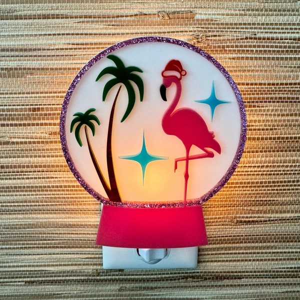 Mid Century Modern "Snow Globe" Night Light | "Fa La Flamingo II" Design | Retro Christmas Decor | Pink Flamingo | Atomic Avocado Designs®