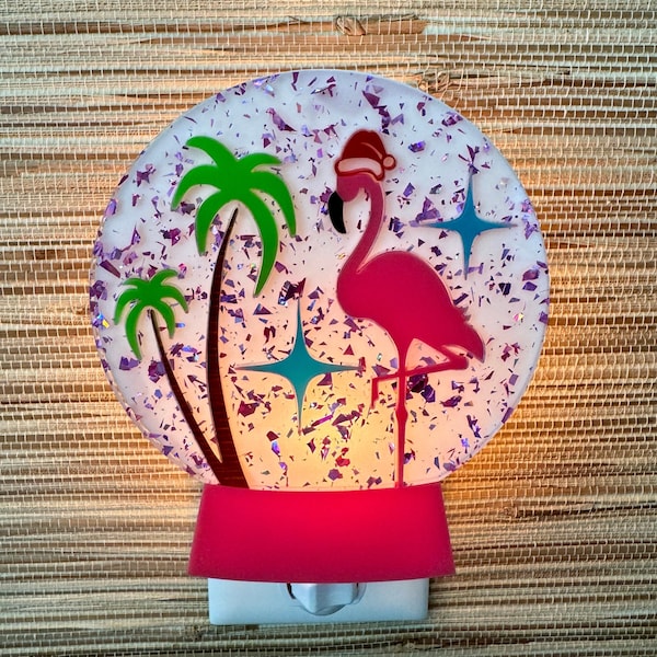 Mid Century Modern "Snow Globe" Night Light | "Fa La Flamingo" Design | Retro Christmas Decor | Pink Flamingo | Atomic Avocado Designs®