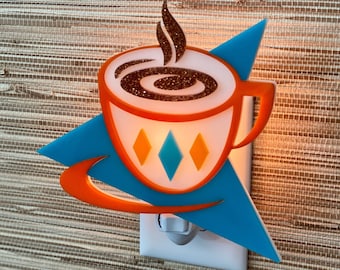 Handcrafted "Coffee Cup" Night Light | Coffee Bar Decor | Retro Kitchen | Cup and Saucer | Vintage Style Mug | Atomic Avocado Designs®