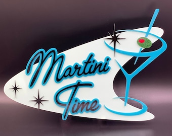 3D Mid Century Modern "Martini Time" Sign | Cocktail Lounge | Happy Hour Bar Sign | Wall Art | Retro Decor | Atomic Avocado Designs®