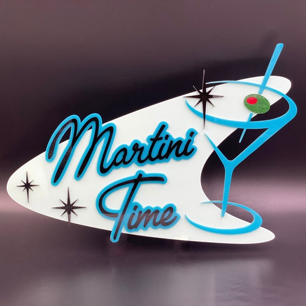 3D Mid Century Modern "Martini Time" Sign | Cocktail Lounge | Happy Hour Bar Sign | Wall Art | Retro Decor | Atomic Avocado Designs®