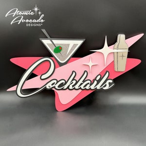 Handcrafted Mid Century Modern &quot;Shaken, Not Stirred&quot; Sign | Retro Bar Decor | Cocktails | Martinis | MCM Wall Art | Atomic Avocado Designs®
