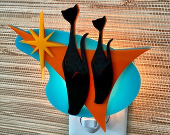 Mid Century Modern Night Light | "Hip Cat II" Design | Black Atomic Cat | Plug In Light | Sexton Cats Inspired | Atomic Avocado Designs®