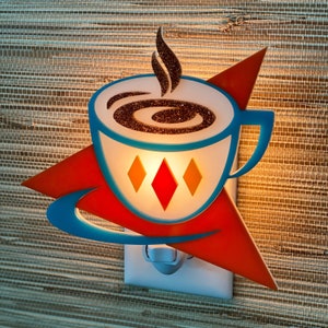 Handcrafted &quot;Coffee Cup&quot; Night Light | Coffee Bar Decor | Retro Kitchen | Cup and Saucer | Vintage Style Mug | Atomic Avocado Designs®