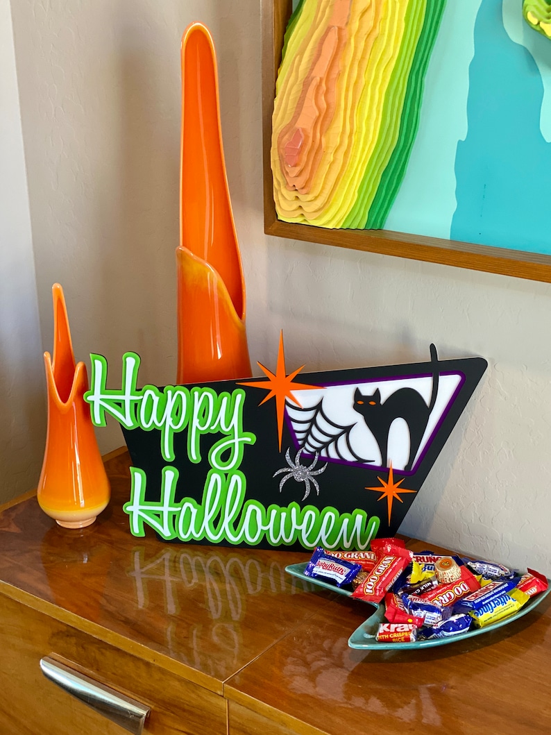 3D Mid Century Modern Happy Halloween Sign Atomic Wall Art Halloween Decor October Haunted House Atomic Avocado Designs® image 4