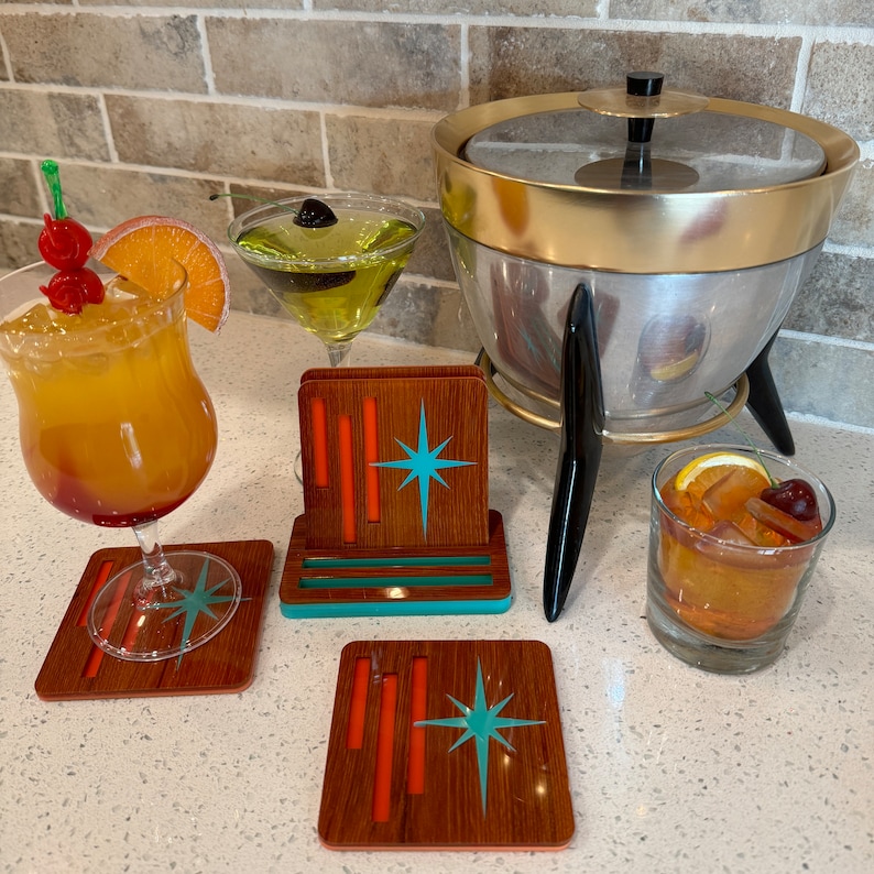 Mid Century Modern Coasters: Set of 4 With Holder - Etsy