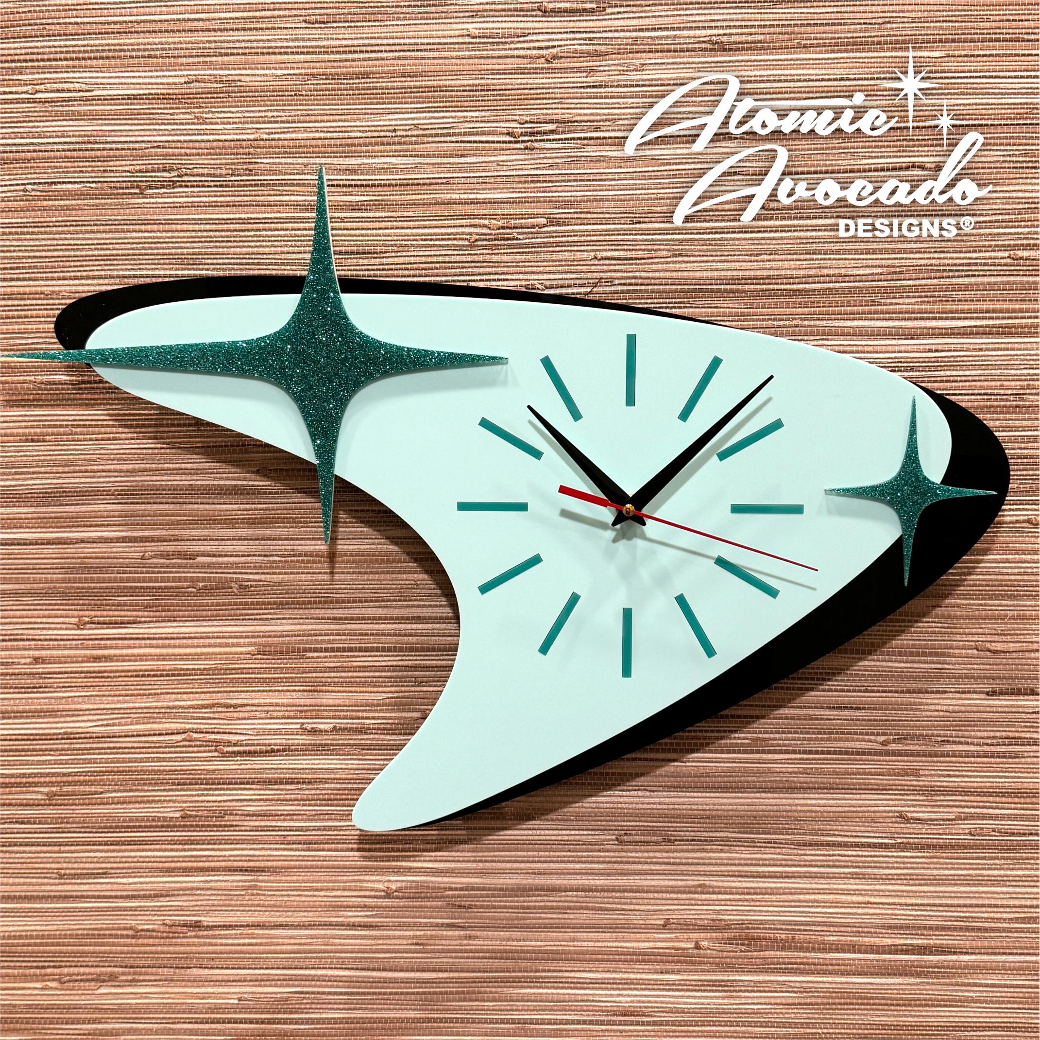 Mid Century Modern Boomerang Wall Clock: Atomic Sparkle Starburst