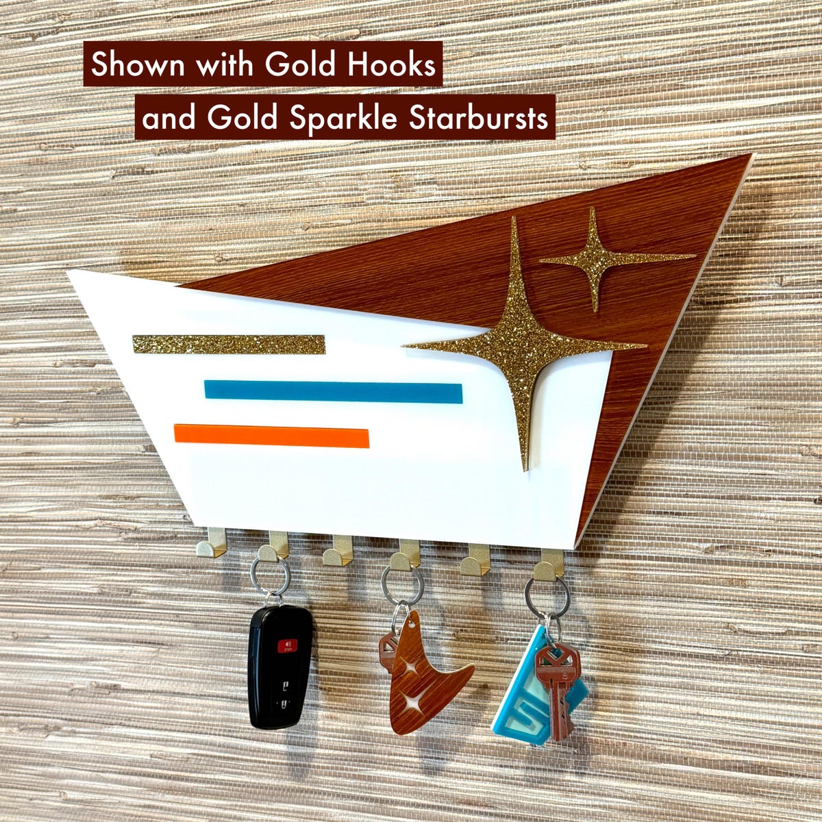 Mid Century Modern Key Rack - Gold Hooks and Black Sparkle Starburst