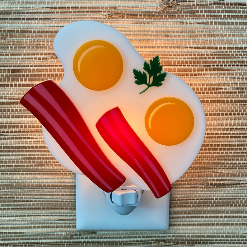 3D Handcrafted Bacon and Eggs Night Light Kitchen Decor Breakfast Food Air BnB Plug In Wall Light Atomic Avocado Designs® image 3