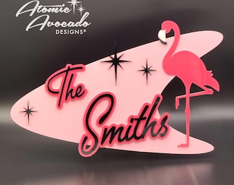 Mid Century Modern &quot;Atomic Flamingo&quot; Family Name Sign | House Numbers | Retro Boomerang | Mid Century Decor |Atomic Avocado Designs®