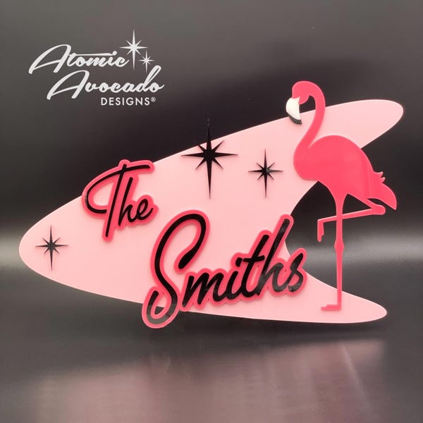 Retro "Atomic Flamingo" Name Sign: Personalized Mid Century Modern Wall Art