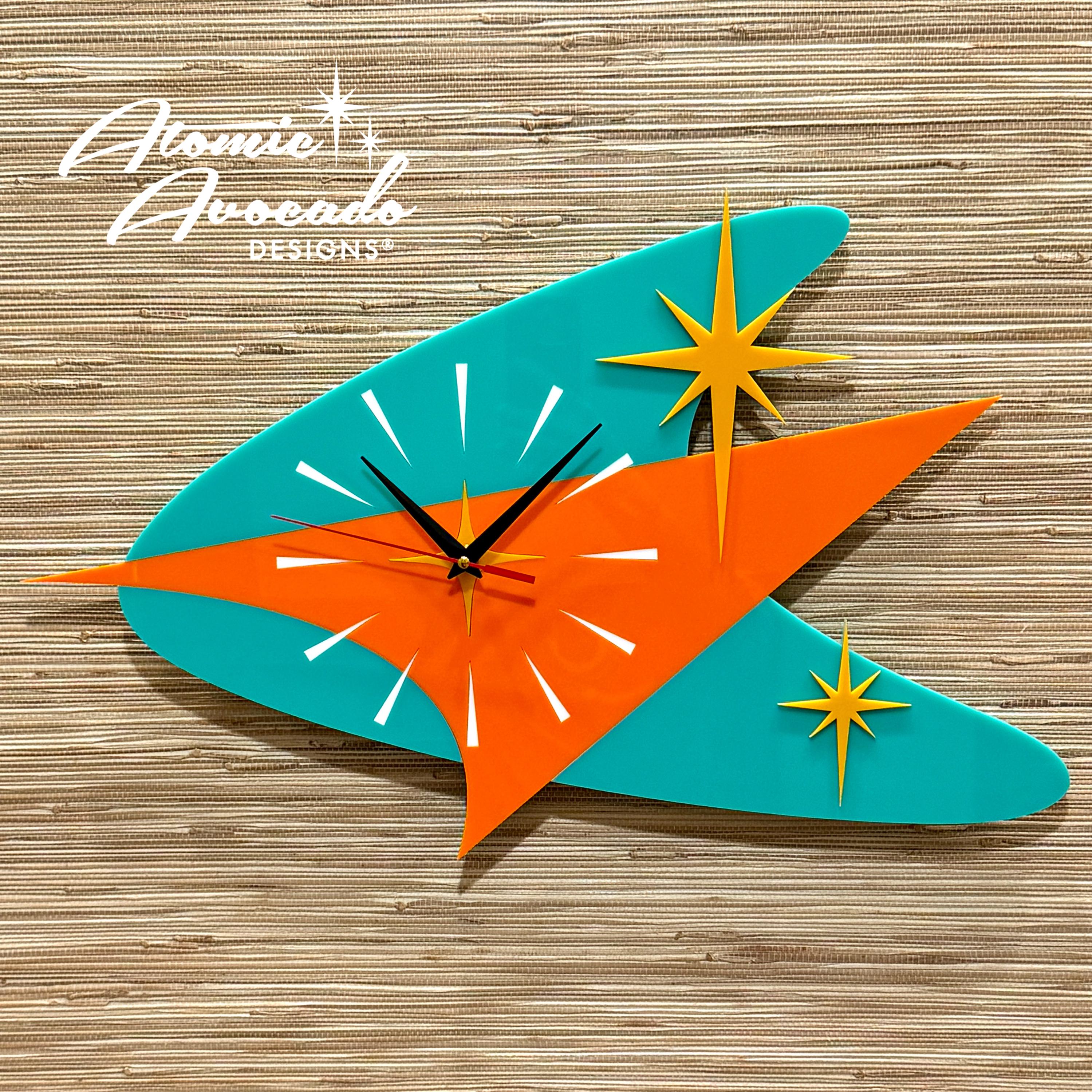 Large Mid Century Modern “Atomic Time" Wall Clock | 21.5"W x 13.5"H | Retro Wall Decor | Atomic Age | 1960s Art | Atomic Avocado Designs®