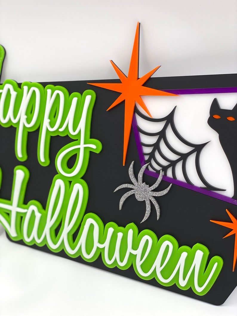 3D Mid Century Modern Happy Halloween Sign Atomic Wall Art Halloween Decor October Haunted House Atomic Avocado Designs® image 3