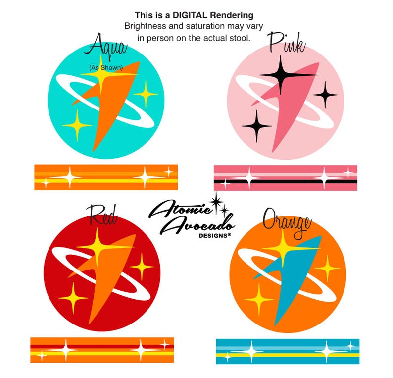 Puede incluir: Cuatro dise&ntilde;os retro de tem&aacute;tica espacial en aguamarina, rosa, rojo y naranja. Cada dise&ntilde;o presenta una nave espacial estilizada con una &oacute;rbita blanca y estrellas amarillas. El texto "Aqua (As Shown)", "Rosa", "Rojo" y "Naranja" se muestra encima de cada dise&ntilde;o. El texto "Atomic Avocado Designs" se muestra en el centro de la imagen.